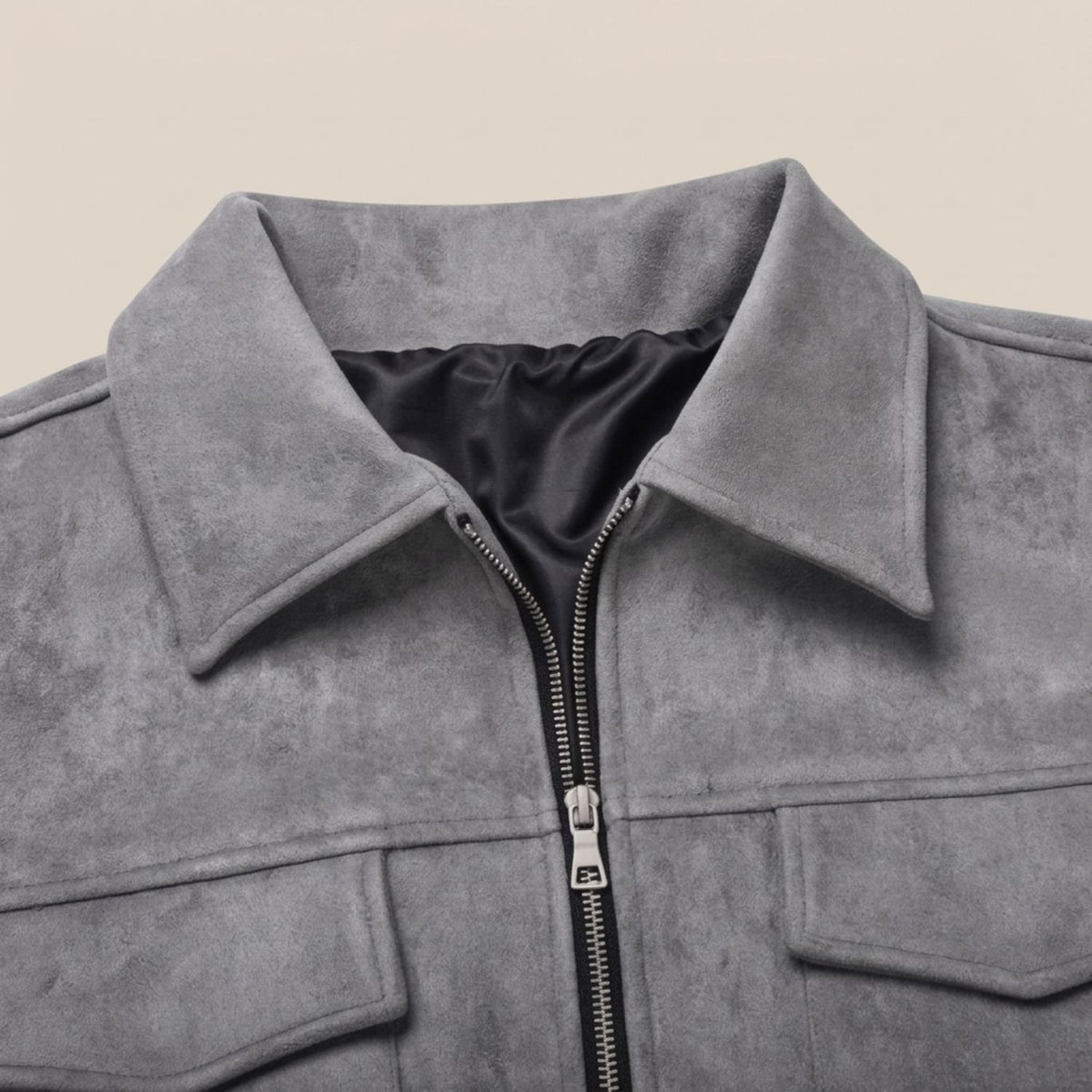 Men's Relaxed-Fit Zip-Up Notch-Lapel Longline Suede Jacket
