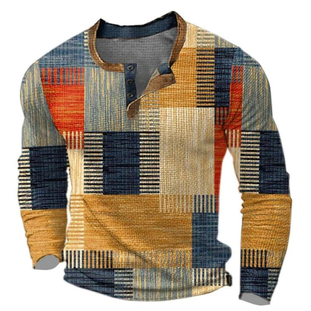 Men's Retro Colorblock Long Sleeve Mens Knit Sweater Henley Pullover - Orange