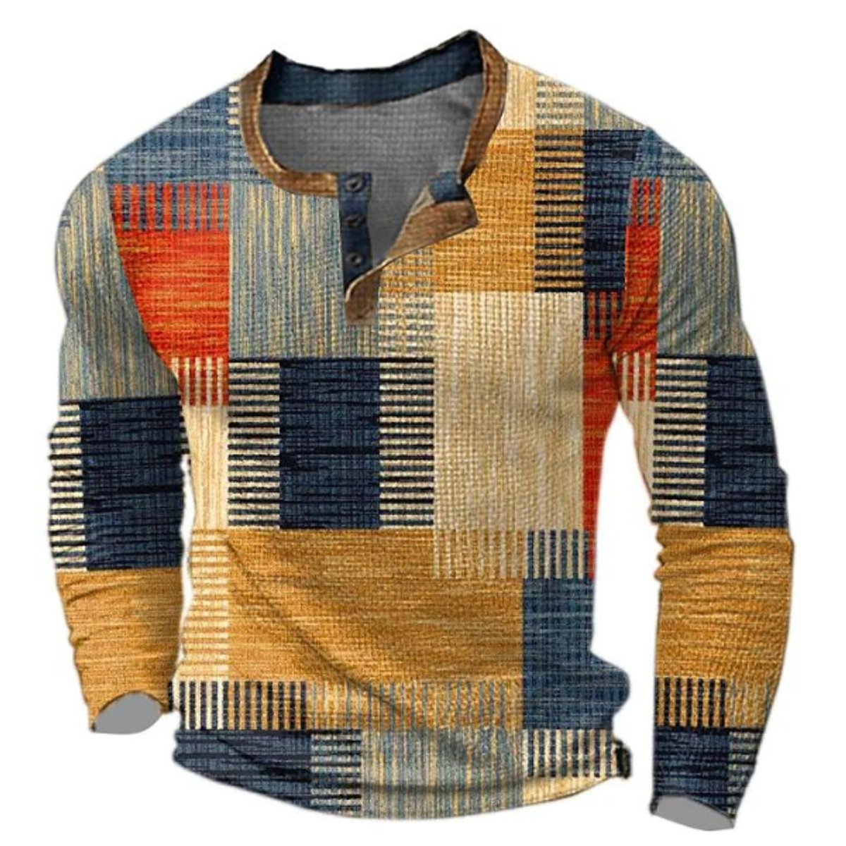 Men's Retro Colorblock Long Sleeve Mens Knit Sweater Henley Pullover - Orange