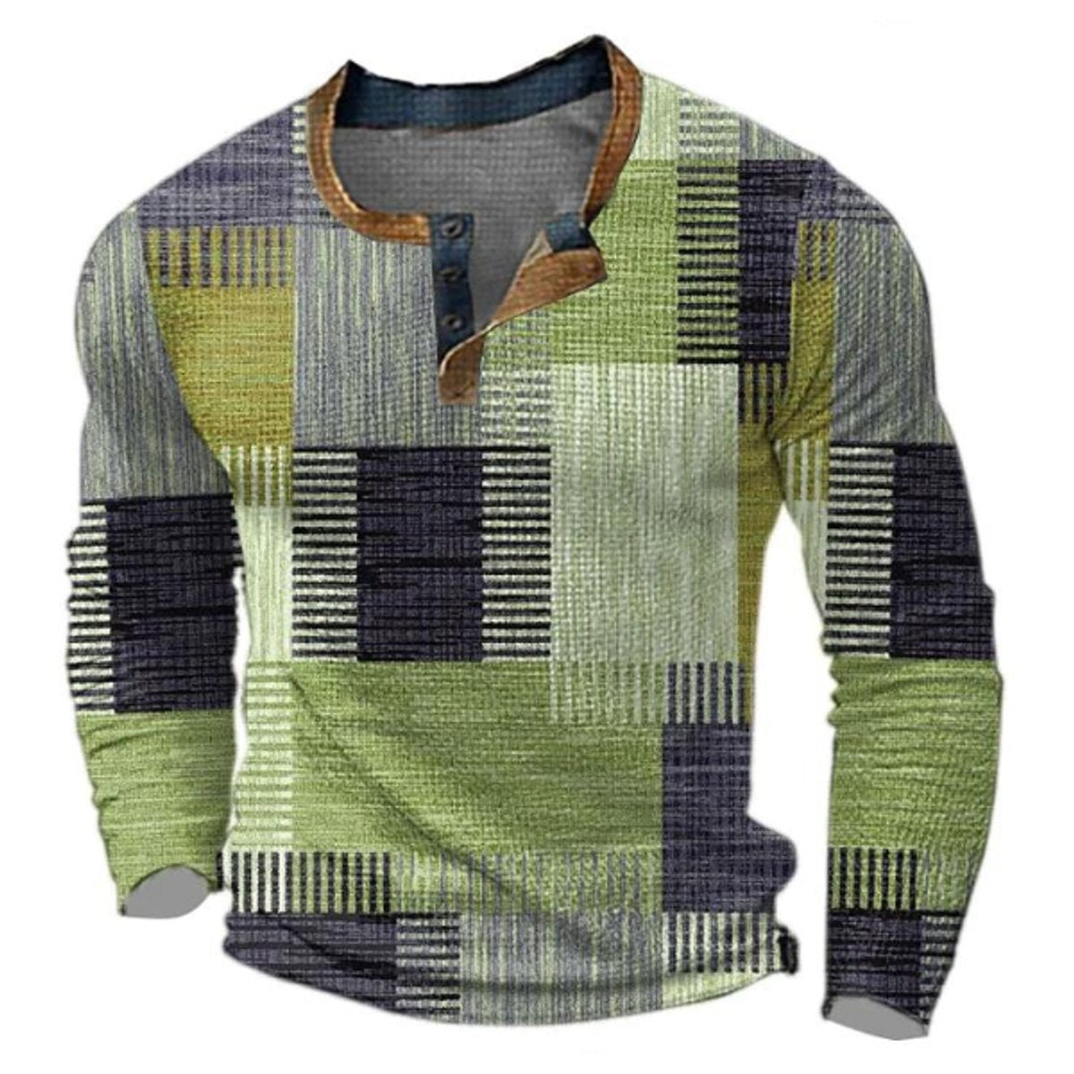 Men's Retro Colorblock Long Sleeve Mens Knit Sweater Henley Pullover - Green