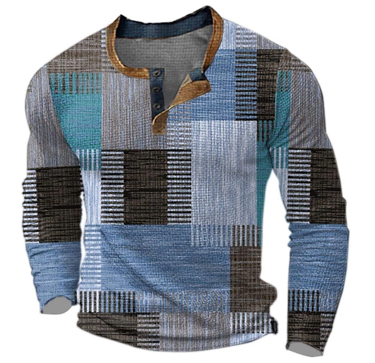 Men's Retro Colorblock Long Sleeve Mens Knit Sweater Henley Pullover - Blue