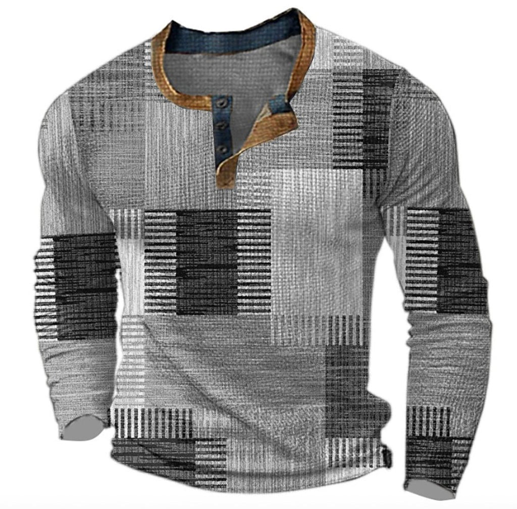 Men's Retro Colorblock Long Sleeve Mens Knit Sweater Henley Pullover - Gray
