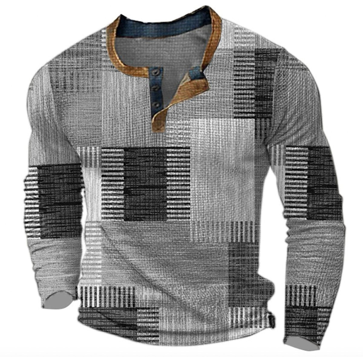 Men's Retro Colorblock Long Sleeve Mens Knit Sweater Henley Pullover - Gray