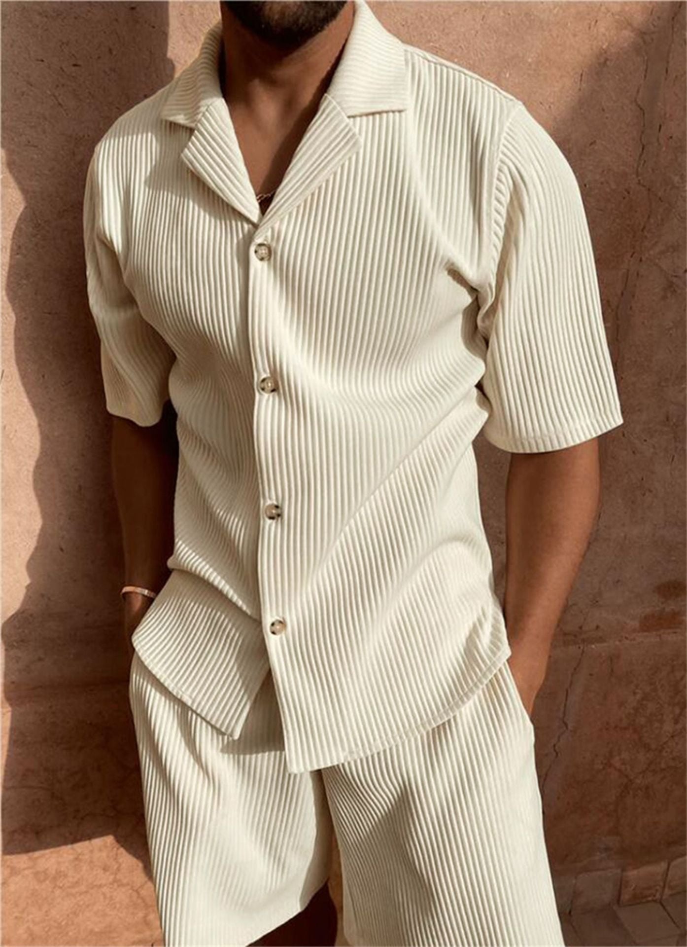 Men's Ribbed Button-Up Shirt Shorts Set Matching Two Piece - Beige