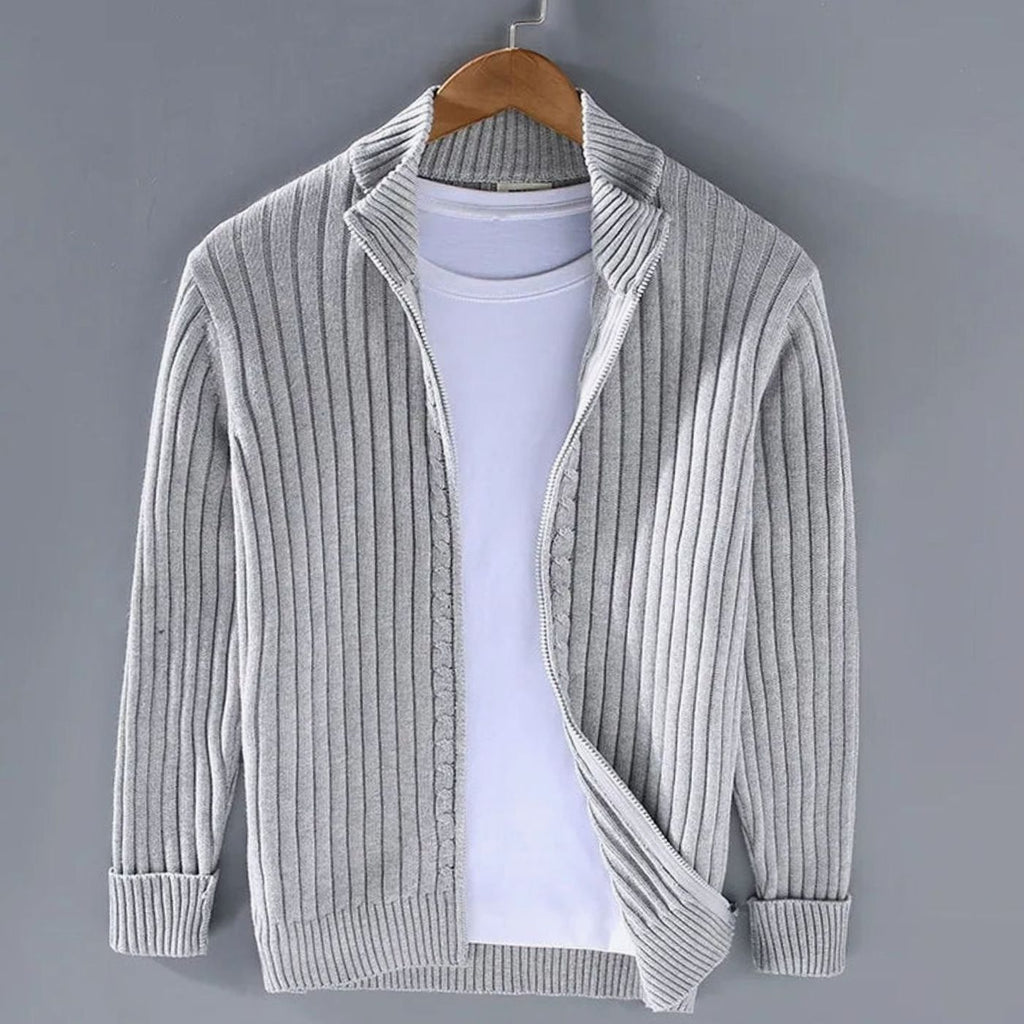 Men's Ribbed Full-Zip Stand Collar Cardigan Sweater - Light Gray