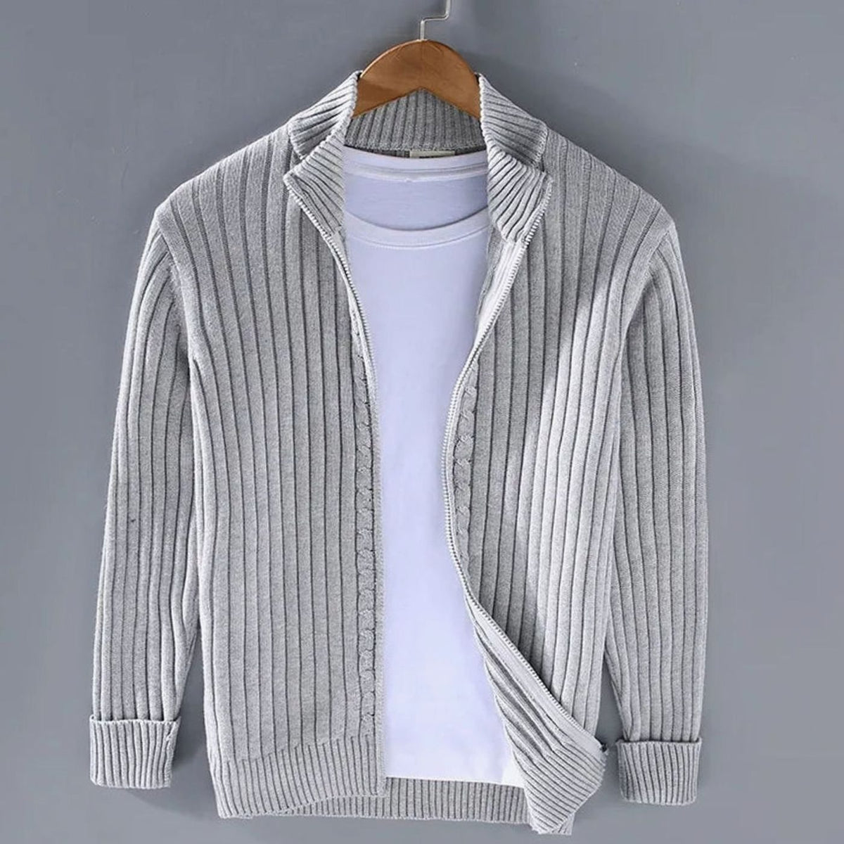 Men's Ribbed Full-Zip Stand Collar Cardigan Sweater - Light Gray