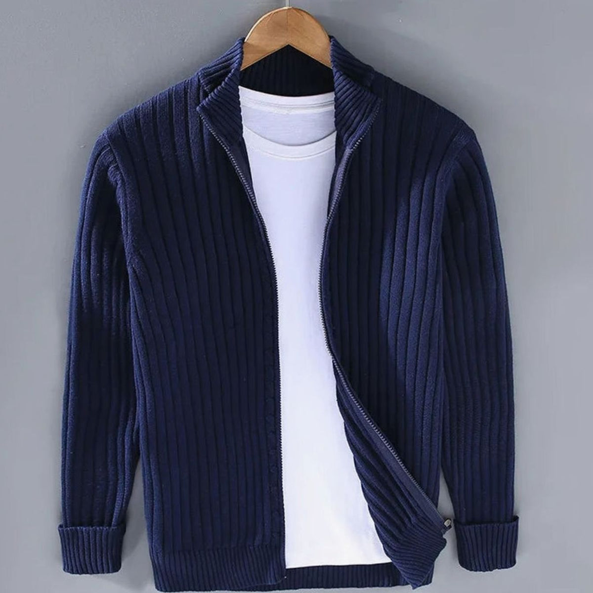 Men's Ribbed Full-Zip Stand Collar Cardigan Sweater - Blue