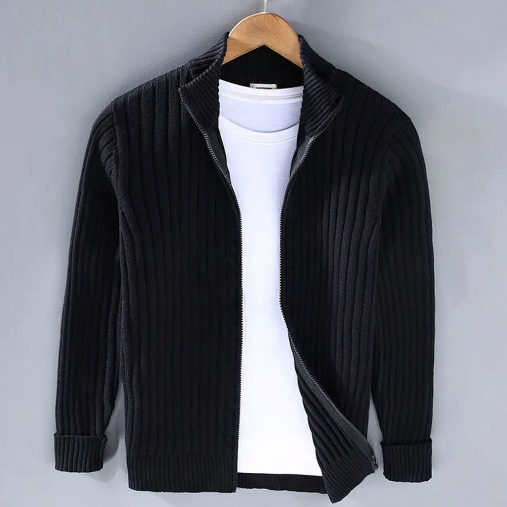 Men's Ribbed Full-Zip Stand Collar Cardigan Sweater - Black