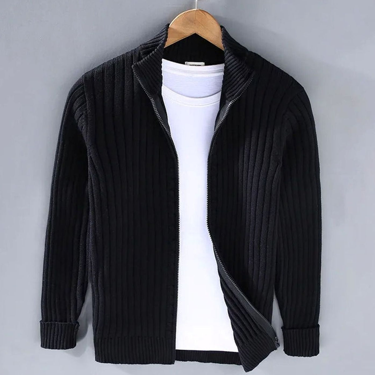 Men's Ribbed Full-Zip Stand Collar Cardigan Sweater - Black