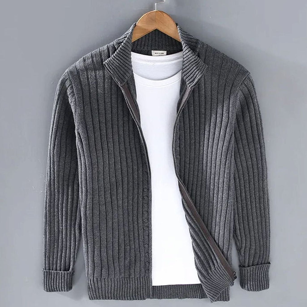 Men's Ribbed Full-Zip Stand Collar Cardigan Sweater - Dark Gray