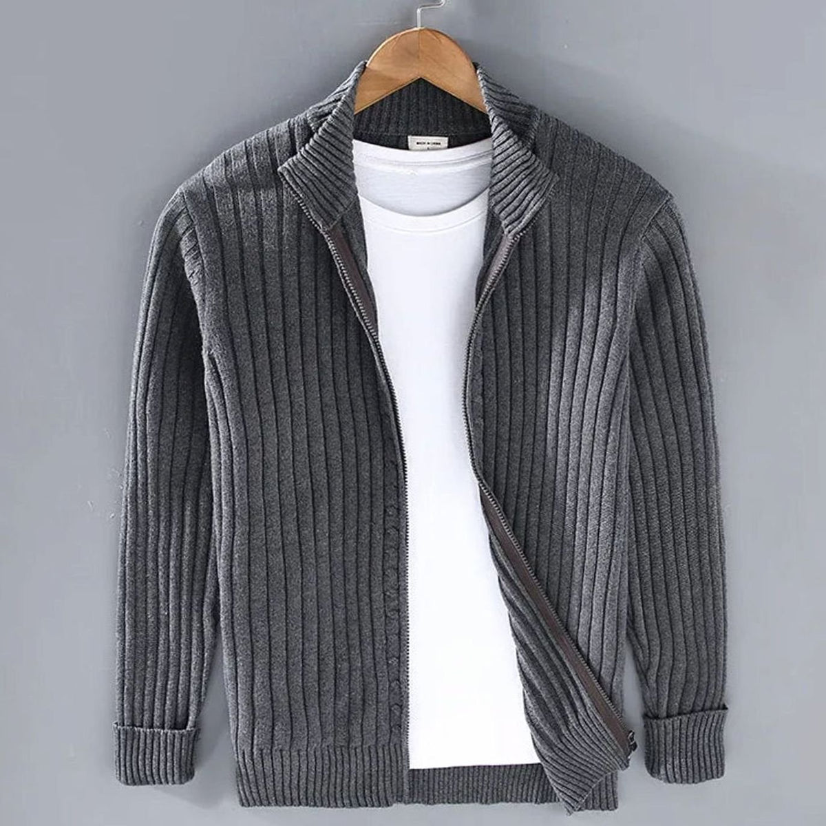 Men's Ribbed Full-Zip Stand Collar Cardigan Sweater - Dark Gray