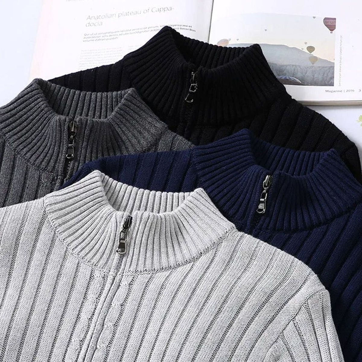 Men's Ribbed Full-Zip Stand Collar Cardigan Sweater