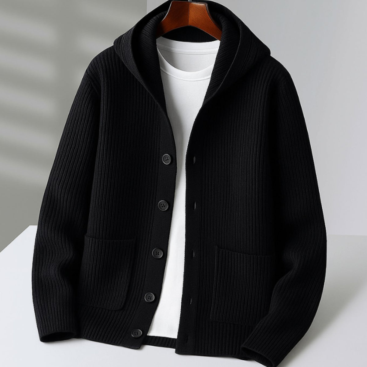 Men's Ribbed Hooded Button-Front Knit Cardigan - Black