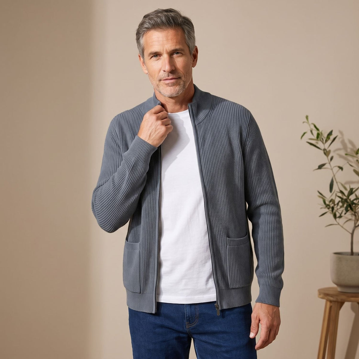 Men's Ribbed Knit Zip-Up Cardigan Sweater Dropped Shoulder - Gray