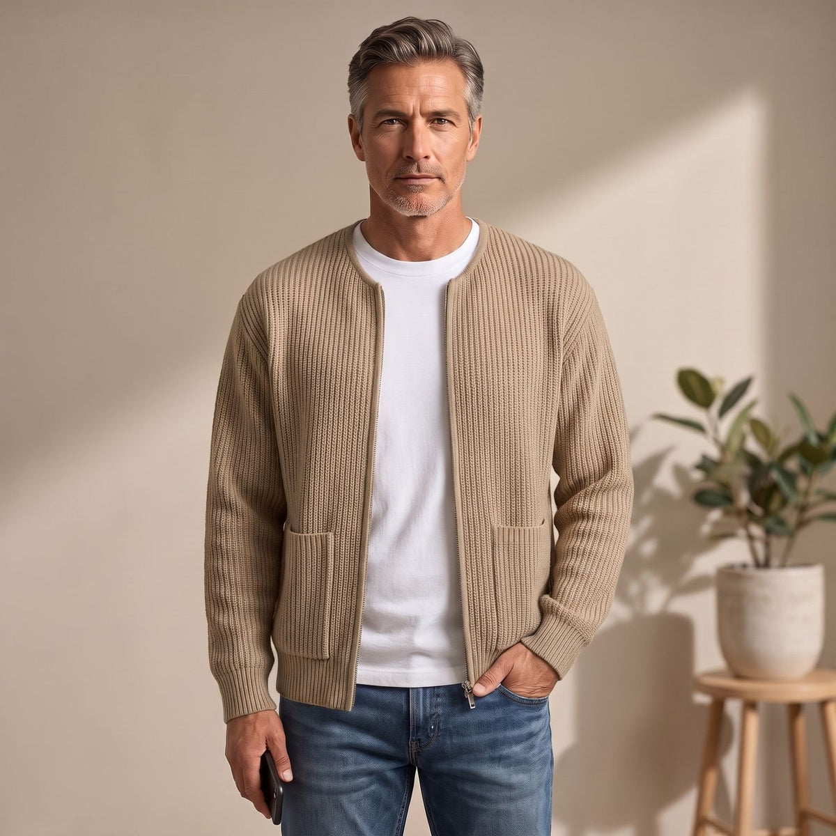 Men's Ribbed Knit Zip-Up Cardigan Sweater Dropped Shoulder - Khaki