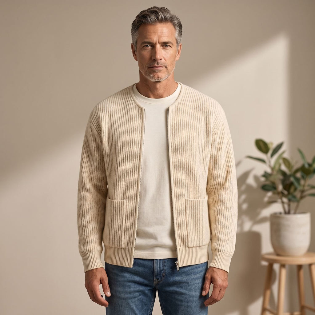 Men's Ribbed Knit Zip-Up Cardigan Sweater Dropped Shoulder - Beige