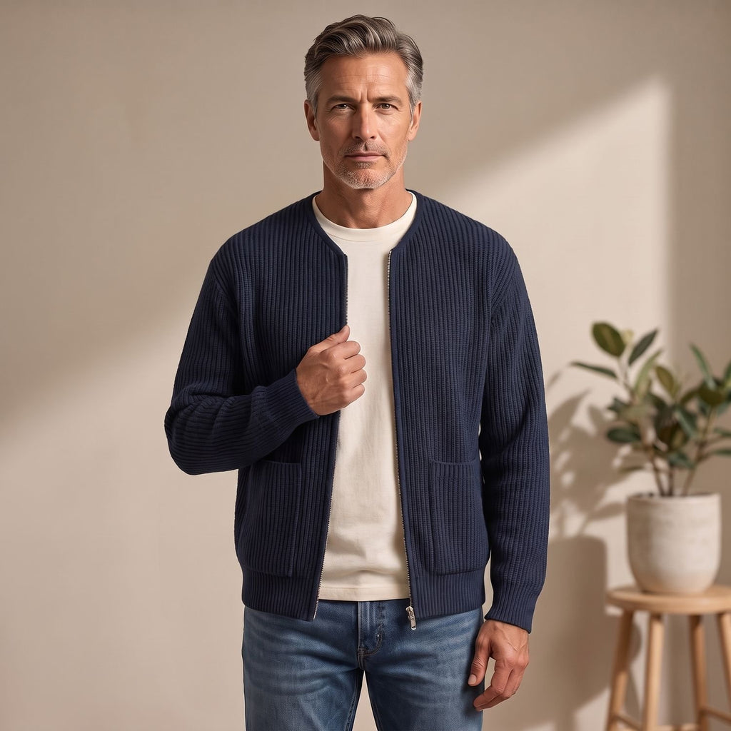 Men's Ribbed Knit Zip-Up Cardigan Sweater Dropped Shoulder - Navy