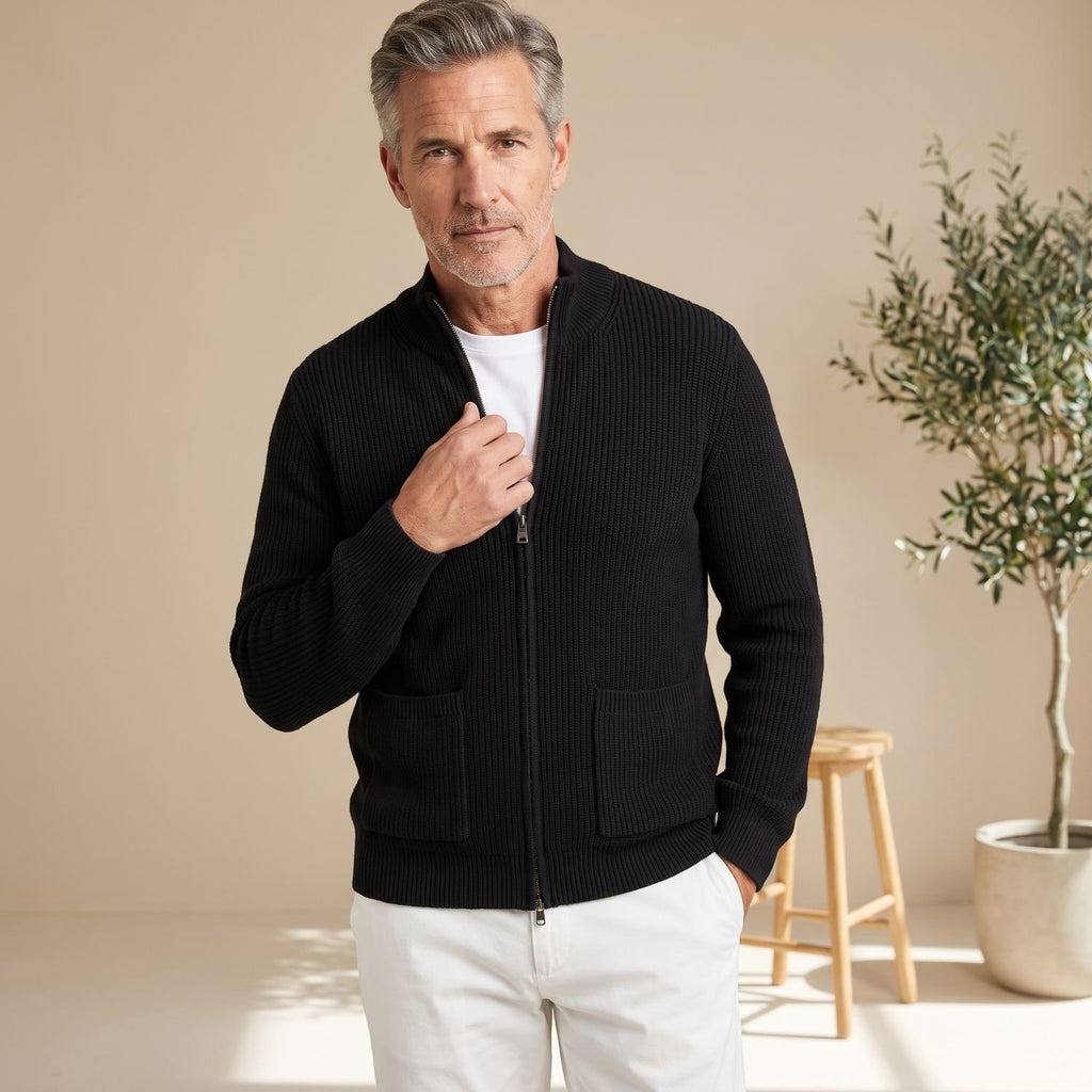 Men's Ribbed Knit Zip-Up Cardigan Sweater Dropped Shoulder - Black