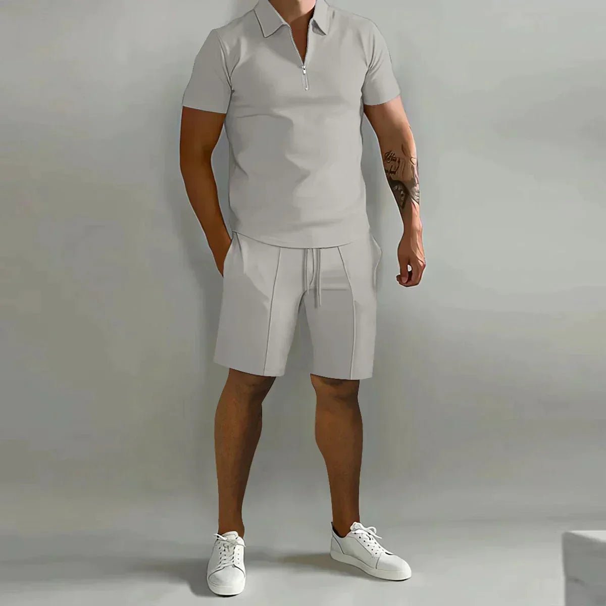 Men's Ribbed Polo Shirt Shorts Set Zip Front Two Piece - Light Gray