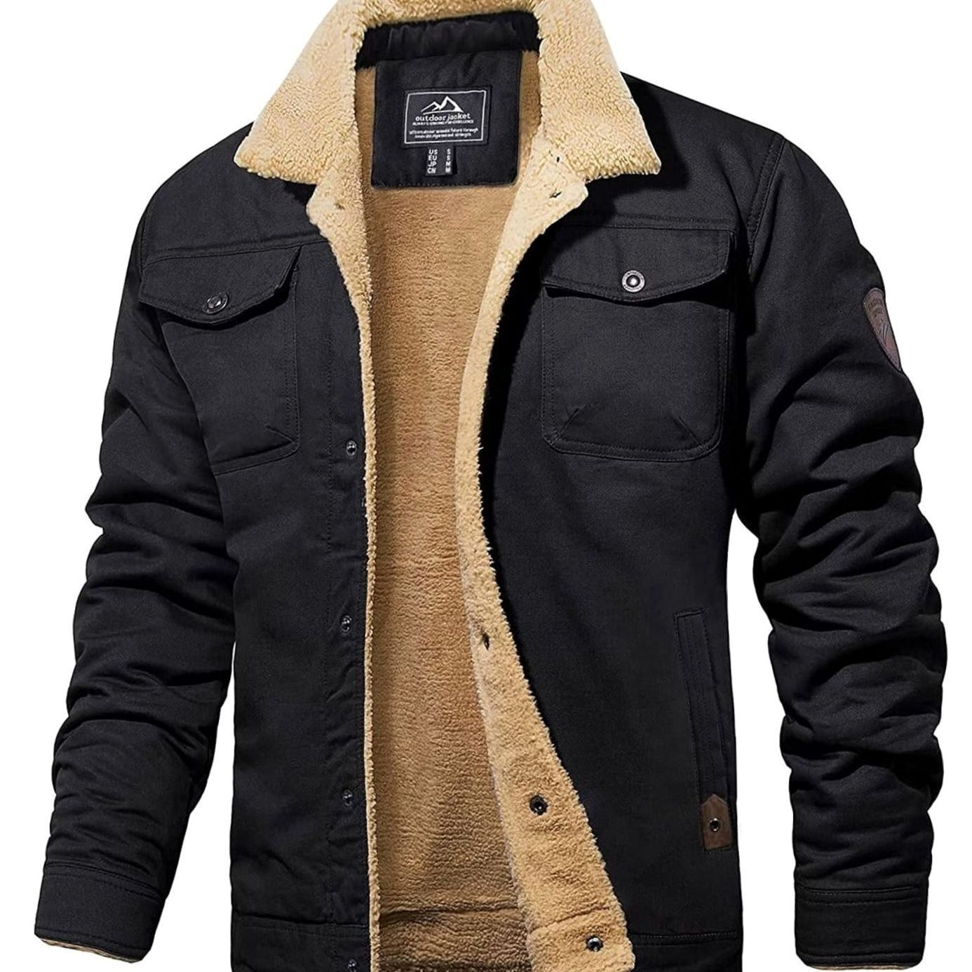 Men's Sherpa-Lined Fleece Relaxed-Fit Winter Jacket - Black