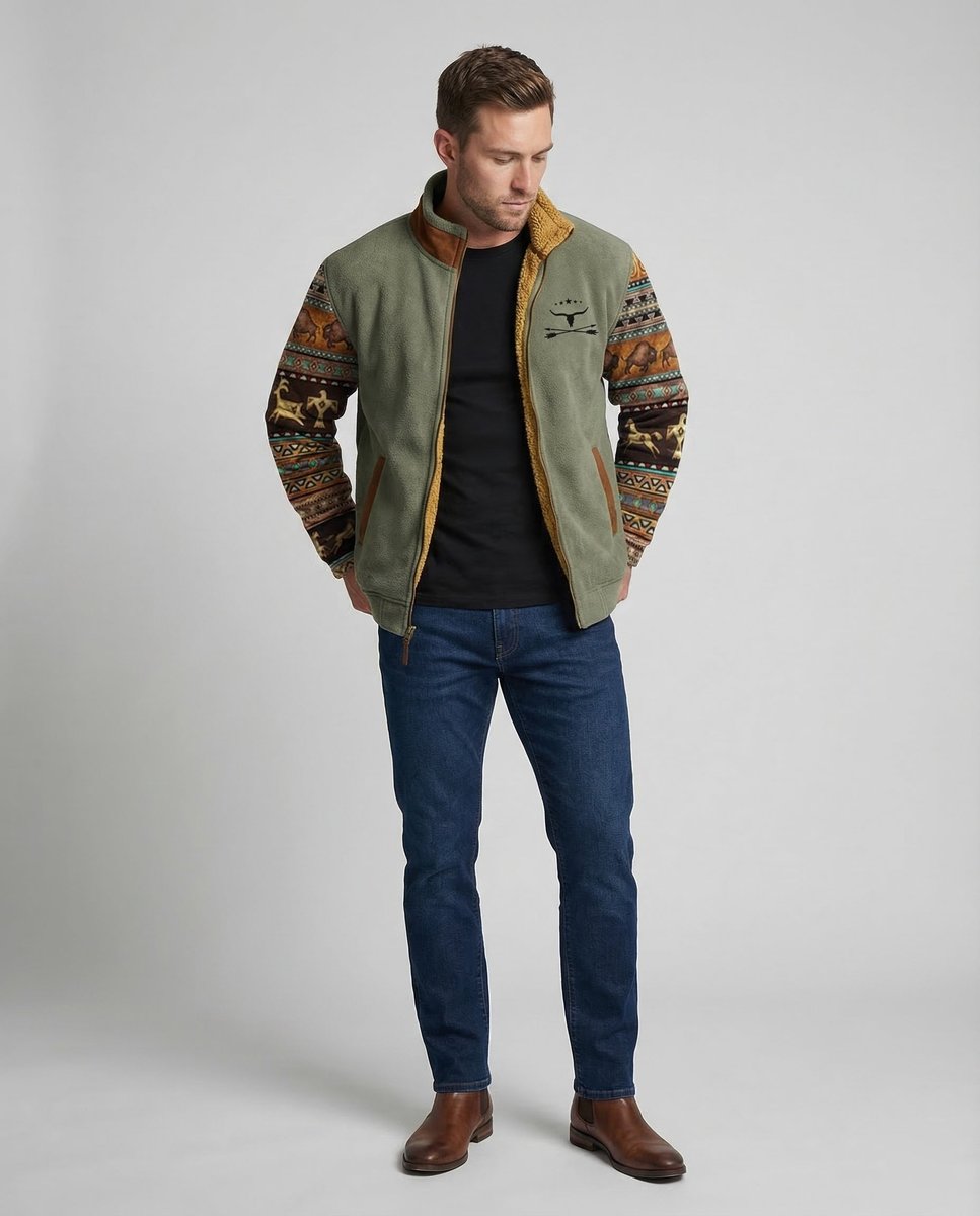 Men's Sherpa-Lined Merino Fleece Full-Zip Jacket Southwestern Print Sleeves