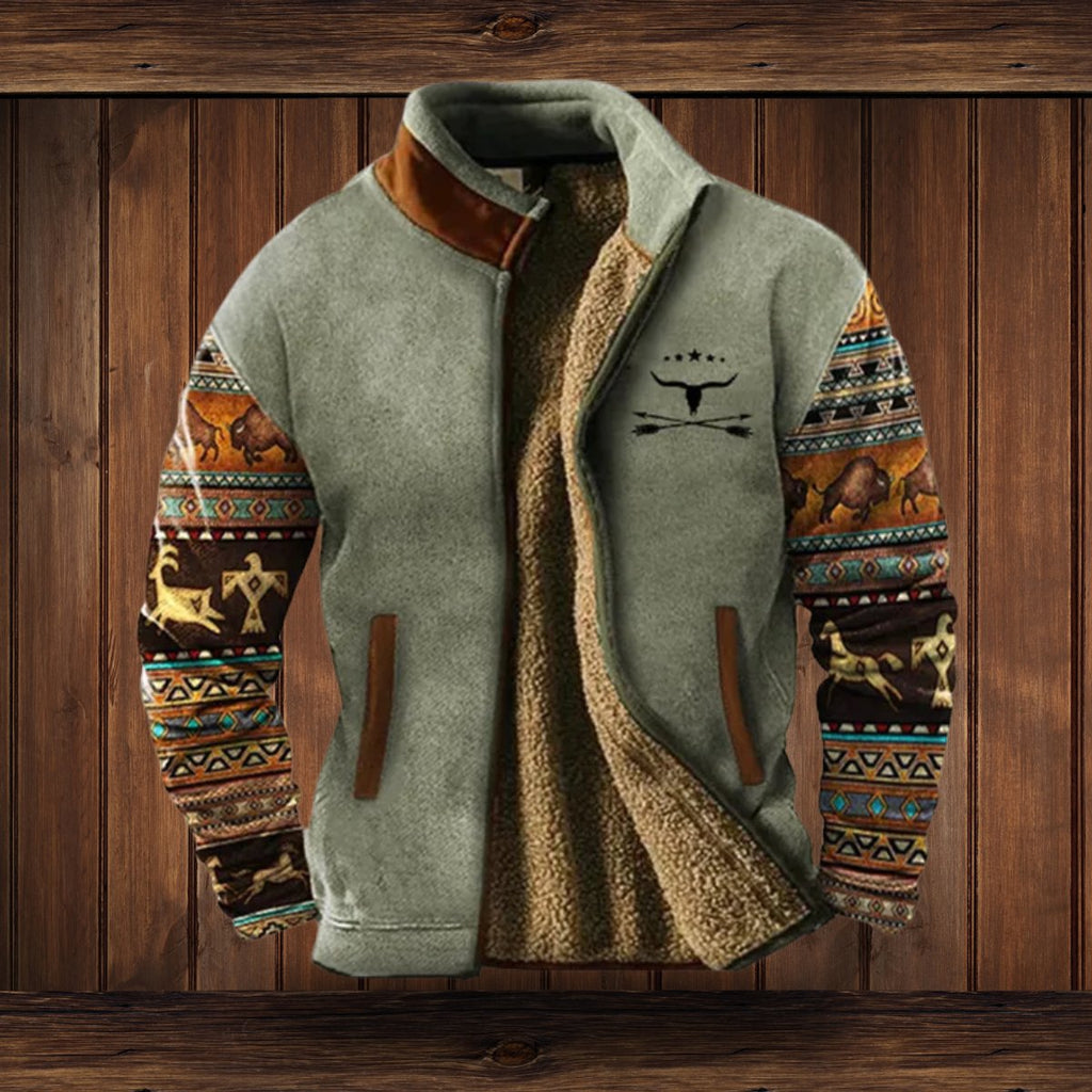 Men's Sherpa-Lined Merino Fleece Full-Zip Jacket Southwestern Print Sleeves - Gray