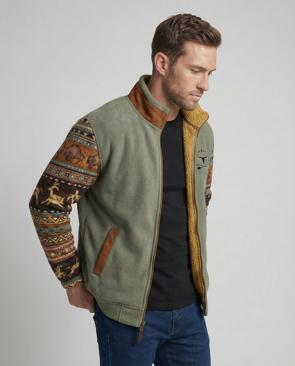 Men's Sherpa-Lined Merino Fleece Full-Zip Jacket Southwestern Print Sleeves