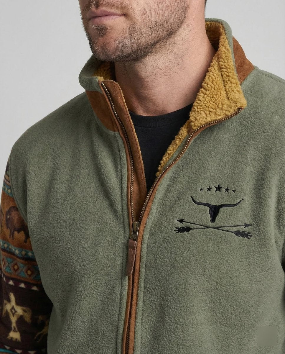 Men's Sherpa-Lined Merino Fleece Full-Zip Jacket Southwestern Print Sleeves