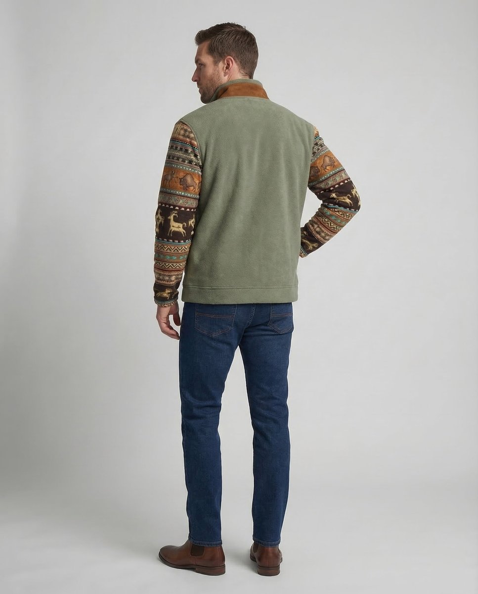 Men's Sherpa-Lined Merino Fleece Full-Zip Jacket Southwestern Print Sleeves