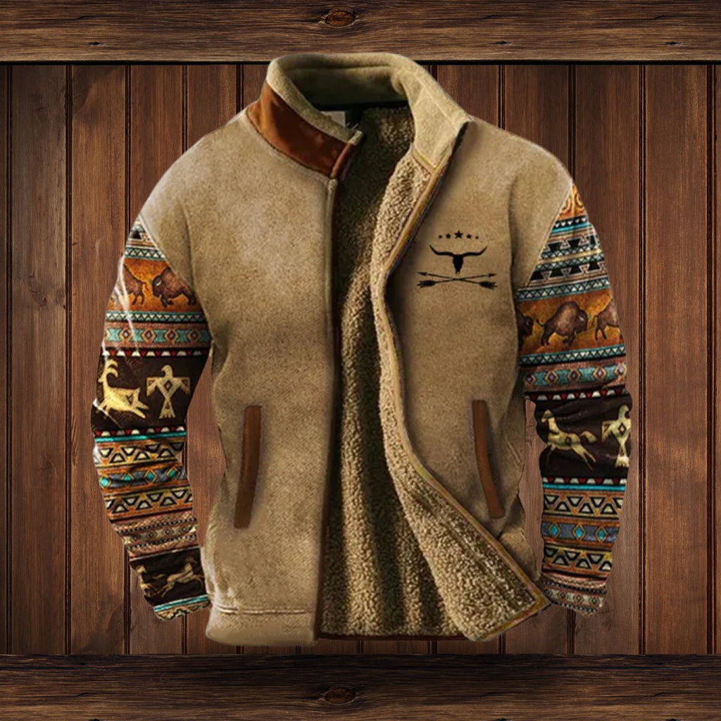 Men's Sherpa-Lined Merino Fleece Full-Zip Jacket Southwestern Print Sleeves - Brown 2
