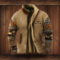 Men's Sherpa-Lined Merino Fleece Full-Zip Jacket Southwestern Print Sleeves - Brown 2