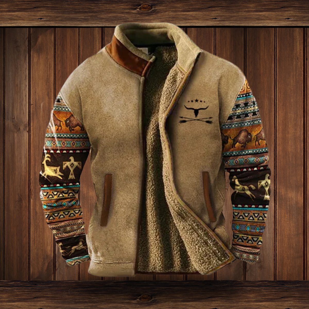Men's Sherpa-Lined Merino Fleece Full-Zip Jacket Southwestern Print Sleeves - Brown 2