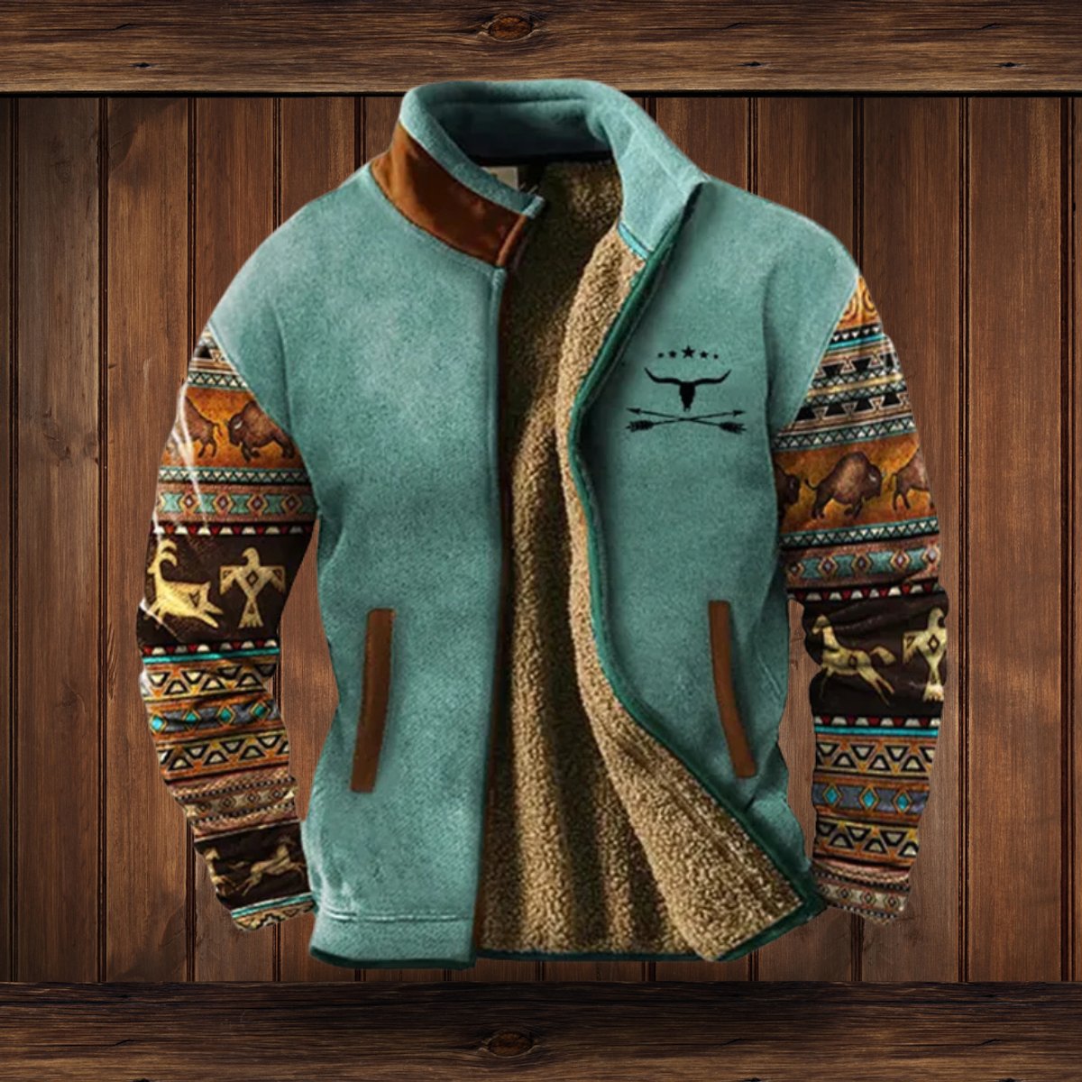 Men's Sherpa-Lined Merino Fleece Full-Zip Jacket Southwestern Print Sleeves - Blue 2