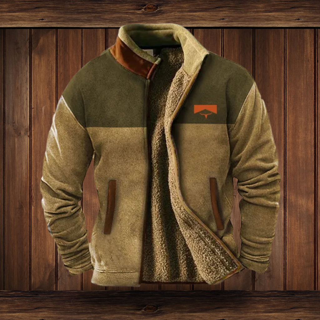 Men's Sherpa-Lined Merino Fleece Full-Zip Jacket Southwestern Print Sleeves - Brown