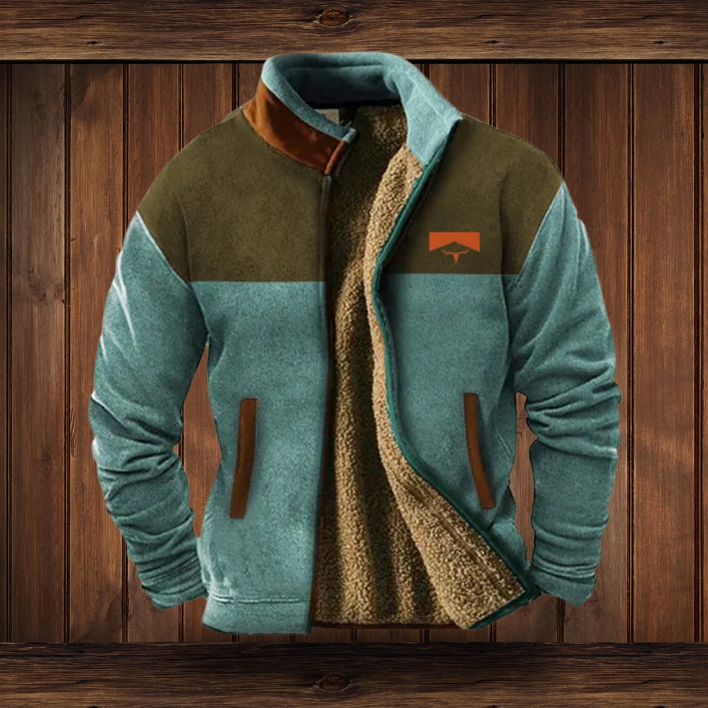 Men's Sherpa-Lined Merino Fleece Full-Zip Jacket Southwestern Print Sleeves - Blue