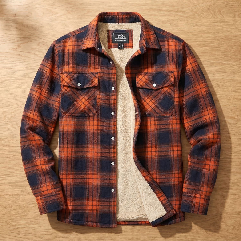 Men's Sherpa-Lined Plaid Flannel Shirt Jacket Spread Collar - Orange