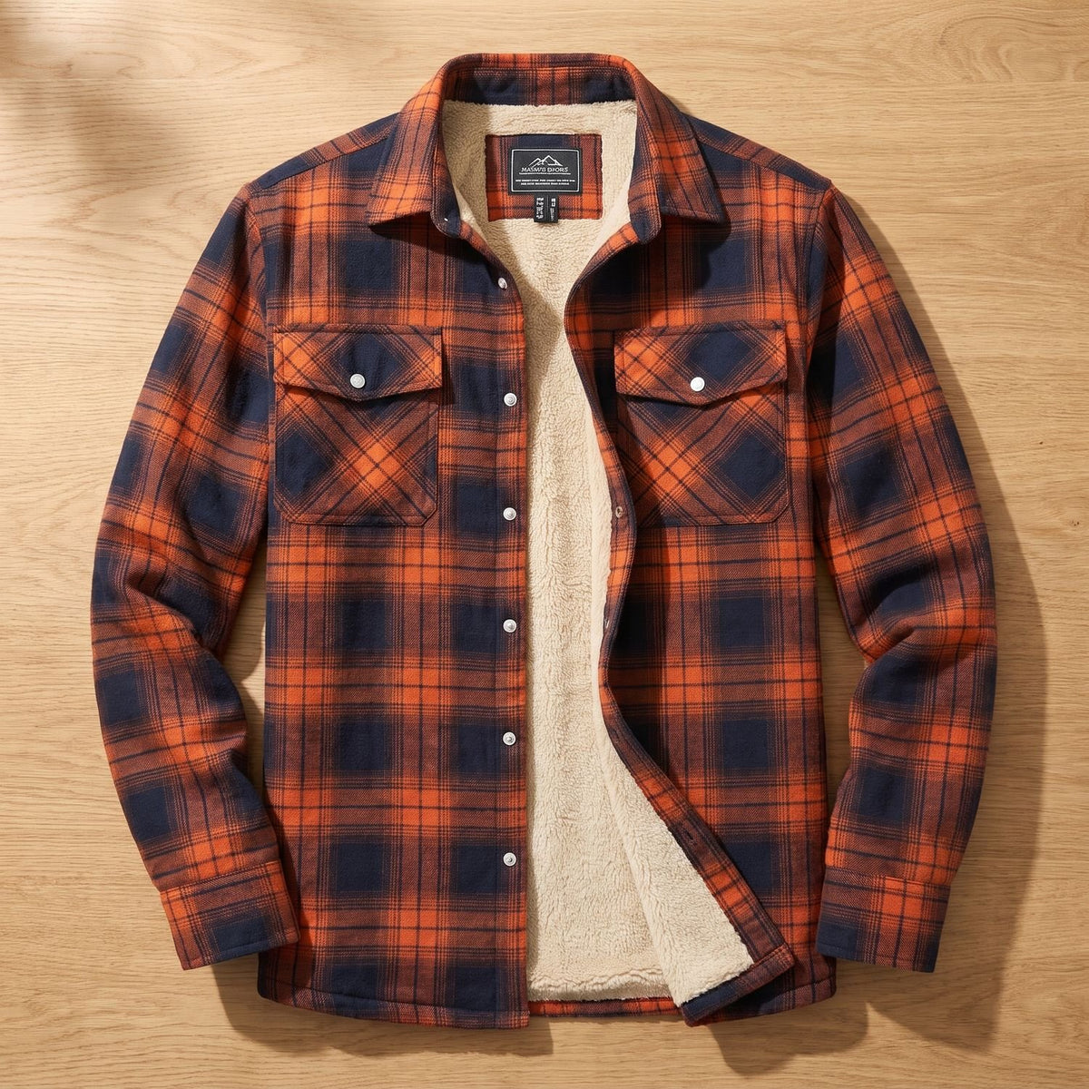Men's Sherpa-Lined Plaid Flannel Shirt Jacket Spread Collar - Orange