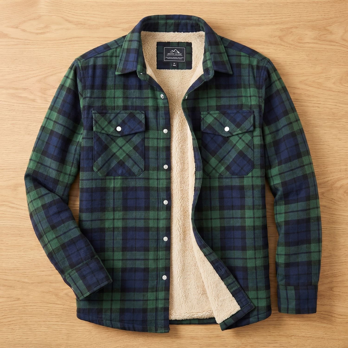 Men's Sherpa-Lined Plaid Flannel Shirt Jacket Spread Collar - Green