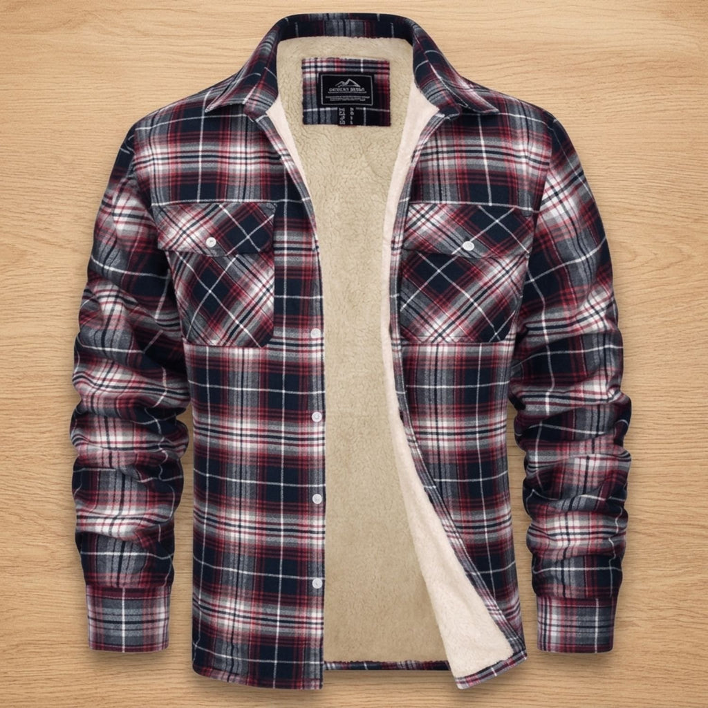 Men's Sherpa-Lined Plaid Flannel Shirt Jacket Spread Collar - Red