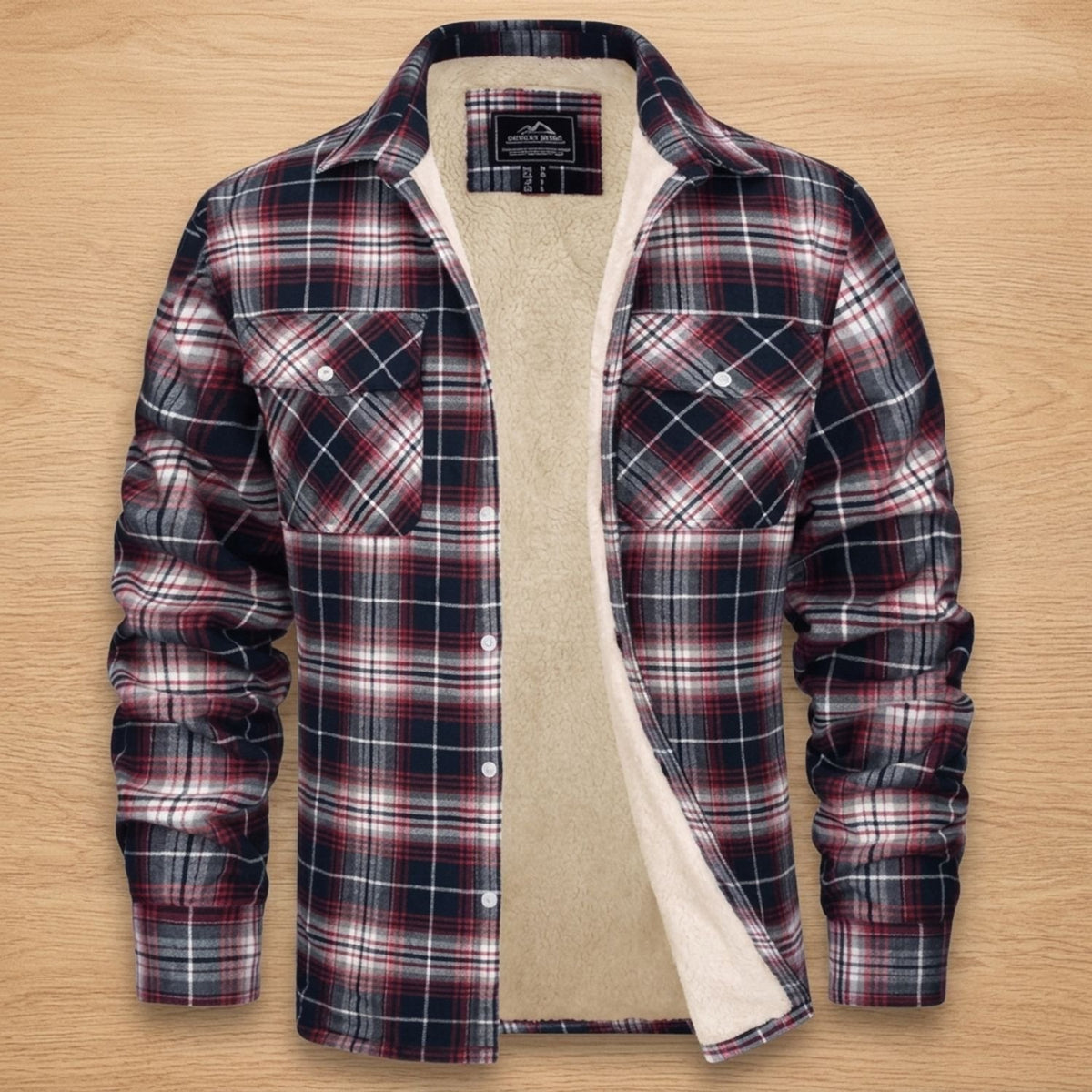 Men's Sherpa-Lined Plaid Flannel Shirt Jacket Spread Collar - Red