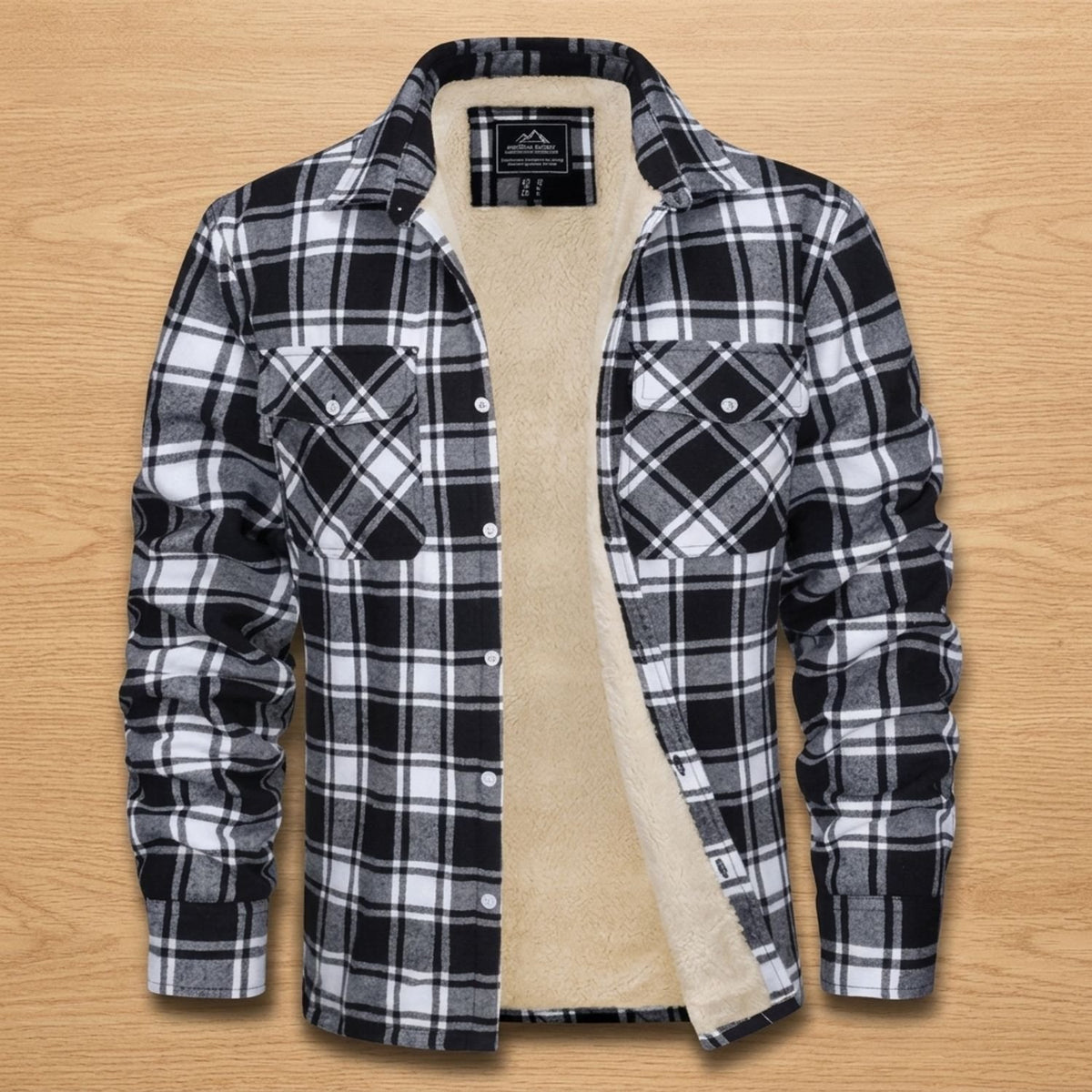 Men's Sherpa-Lined Plaid Flannel Shirt Jacket Spread Collar - Black