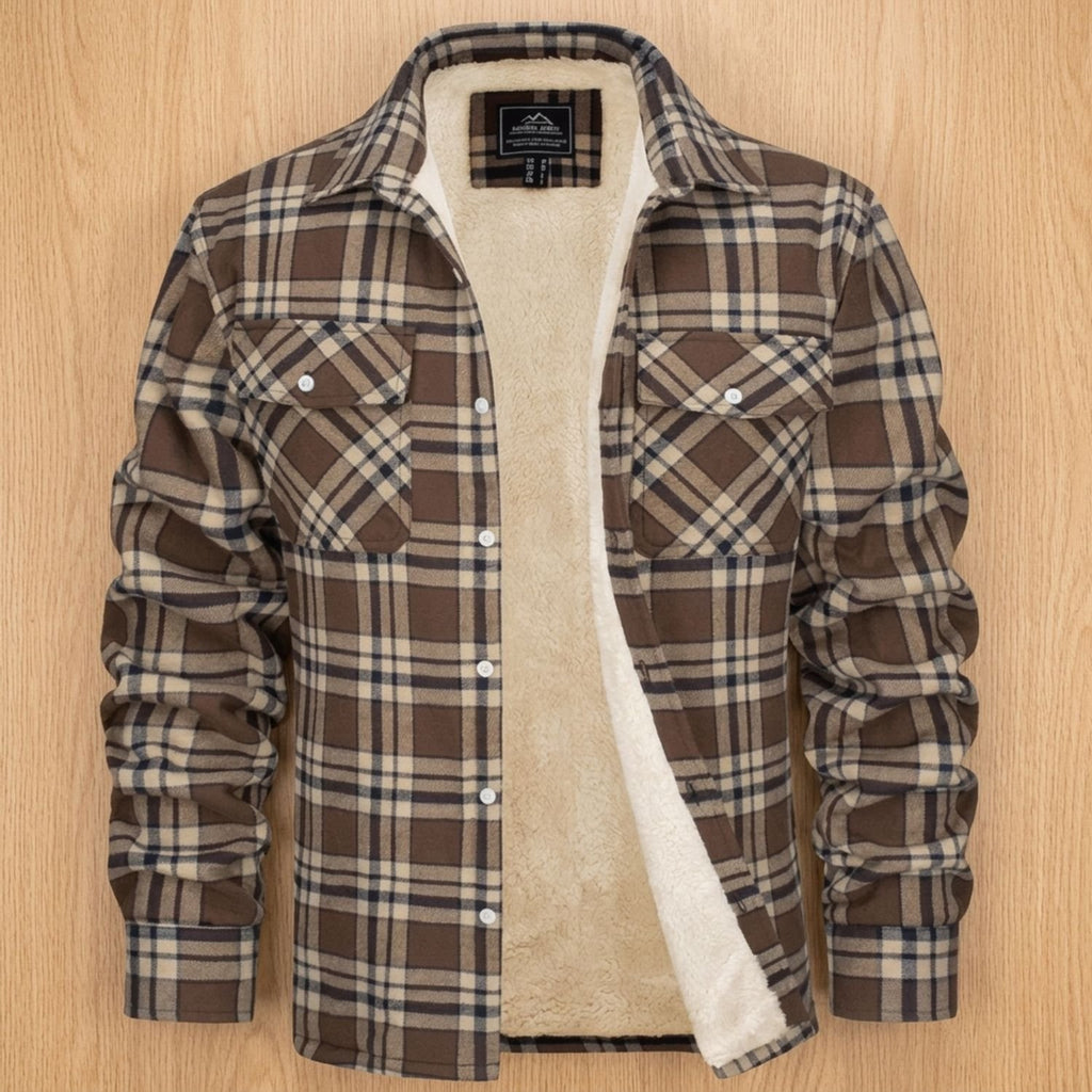 Men's Sherpa-Lined Plaid Flannel Shirt Jacket Spread Collar - Khaki