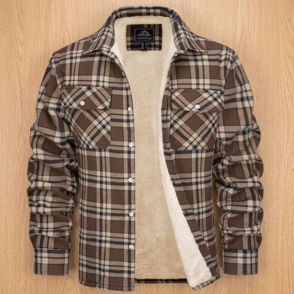 Men's Sherpa-Lined Plaid Flannel Shirt Jacket Spread Collar - Khaki