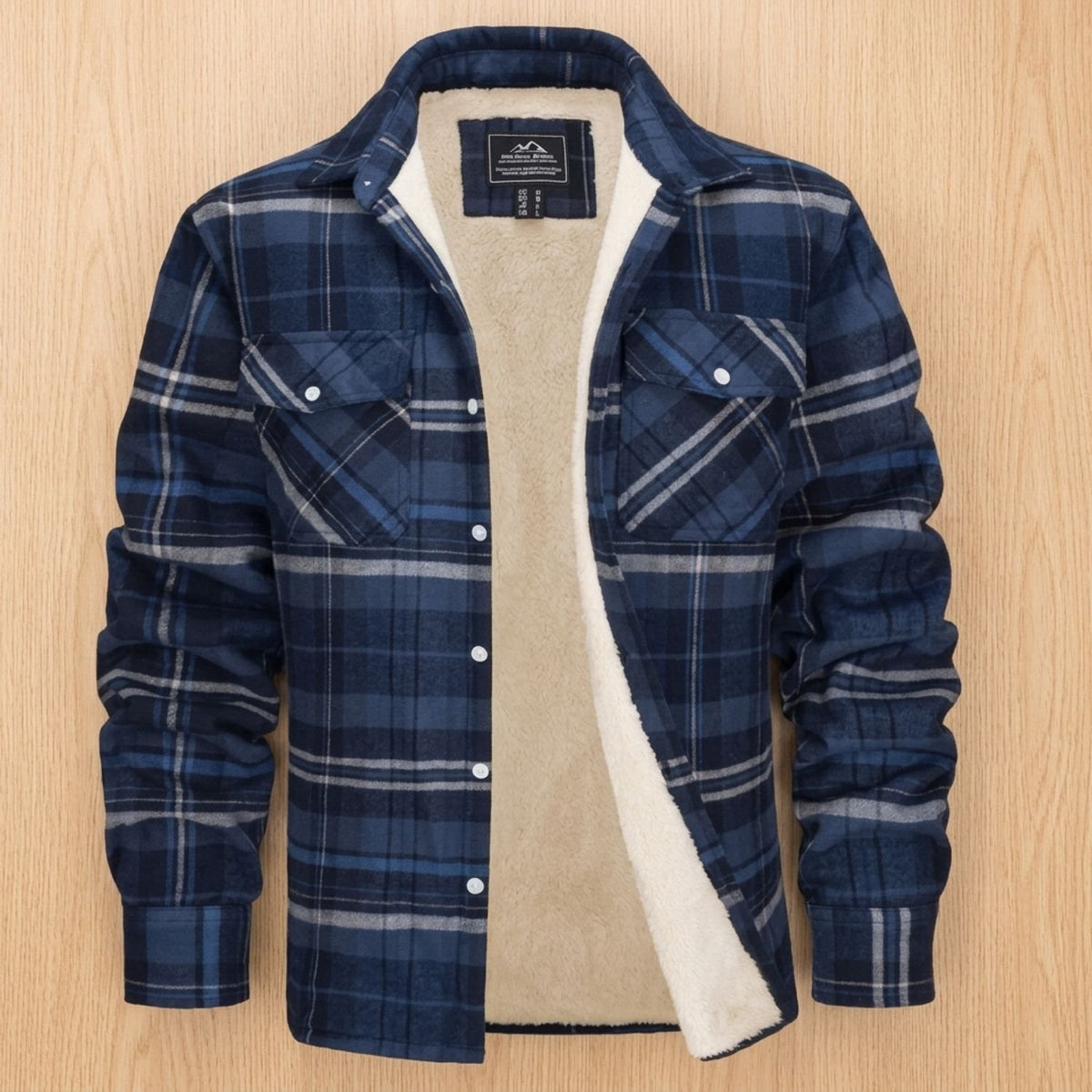 Men's Sherpa-Lined Plaid Flannel Shirt Jacket Spread Collar - Blue Gray