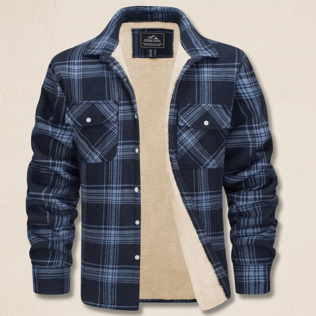 Men's Sherpa-Lined Plaid Flannel Shirt Jacket Spread Collar - Navy Blue