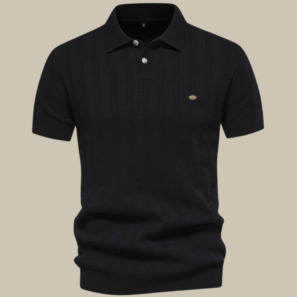 Men's Short-Sleeve Knit Wool Button-Neck Polo Shirt - Black