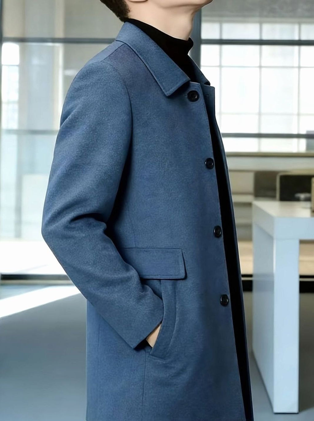 Men's Single-Breasted Wool Overcoat Classic Collar Topcoat
