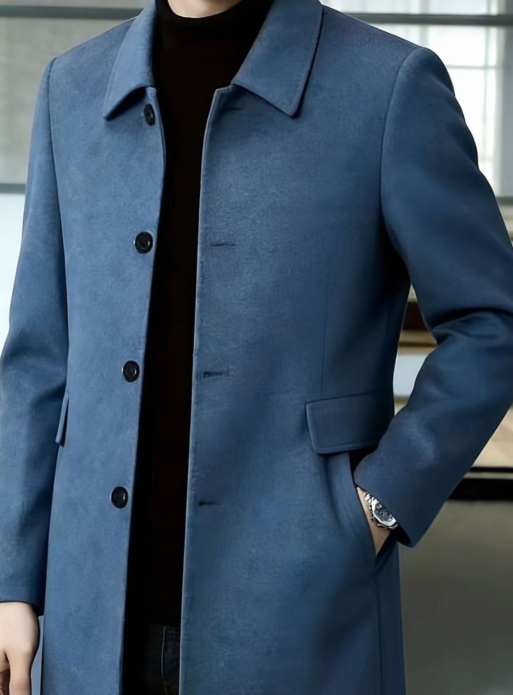 Men's Single-Breasted Wool Overcoat Classic Collar Topcoat
