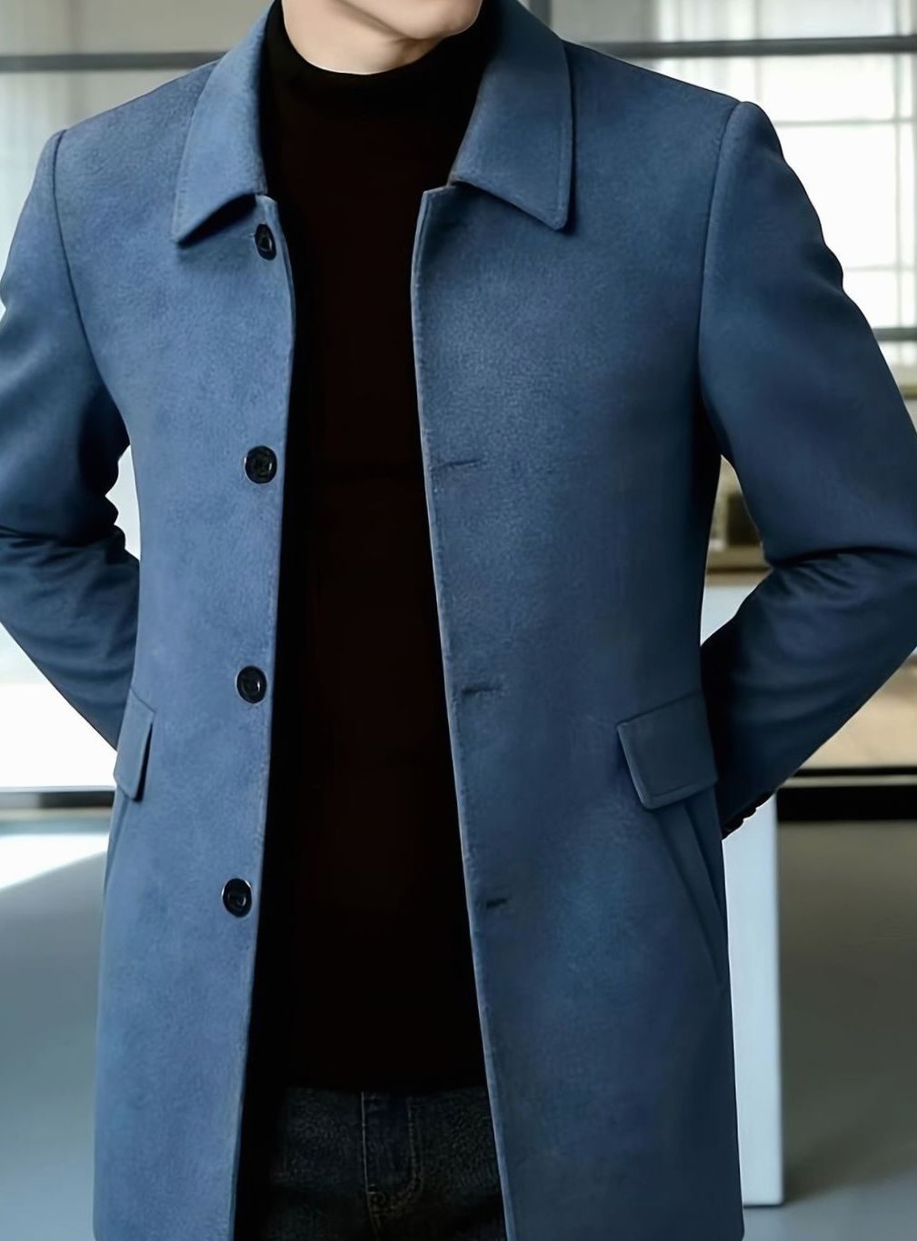 Men's Single-Breasted Wool Overcoat Classic Collar Topcoat
