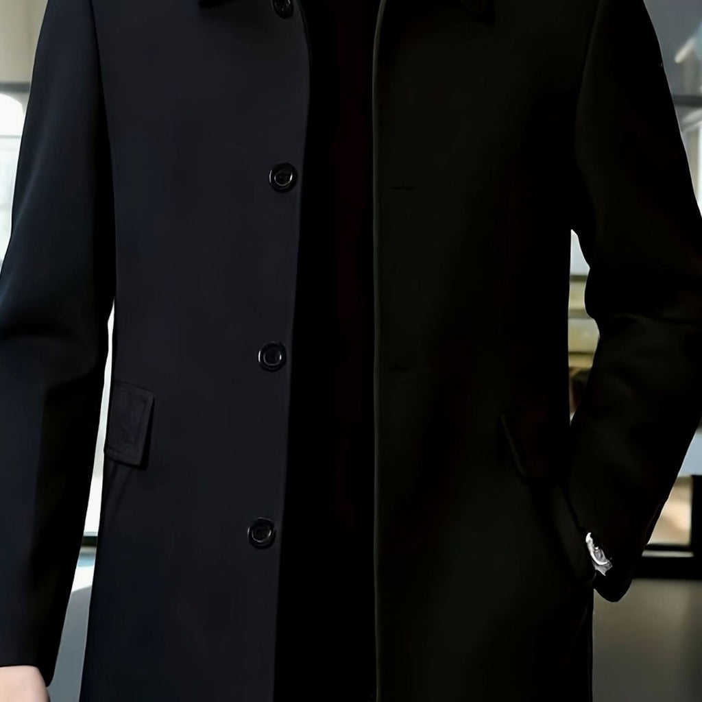 Men's Single-Breasted Wool Overcoat Classic Collar Topcoat - Black